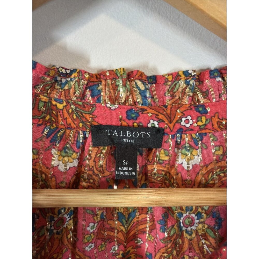 Talbots Petite SP Pink Paisley Floral Metallic Long Sleeve Ruffle Blouse Top - Picture 3 of 8